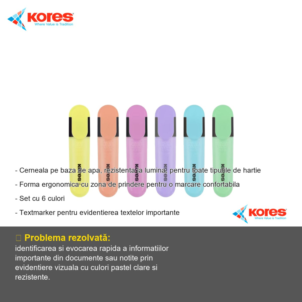 Set 6 textmarkere pastel Kores, cerneala pe baza de apa, forma ergonomica, pentru evidentiere texte [2]