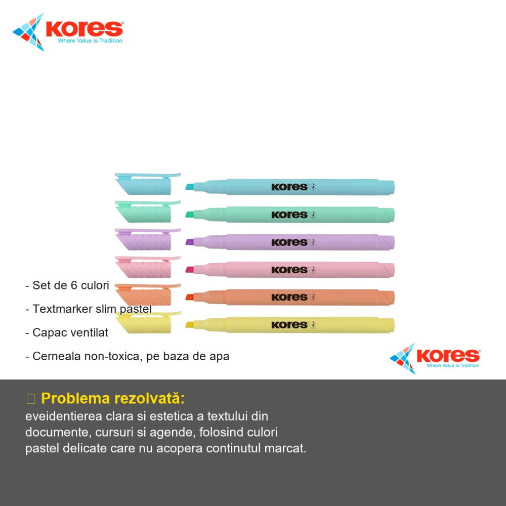 Set 6 textmarkere slim pastel Kores, varf tesit, culori delicate, pentru evidentiere documente si notite [2]