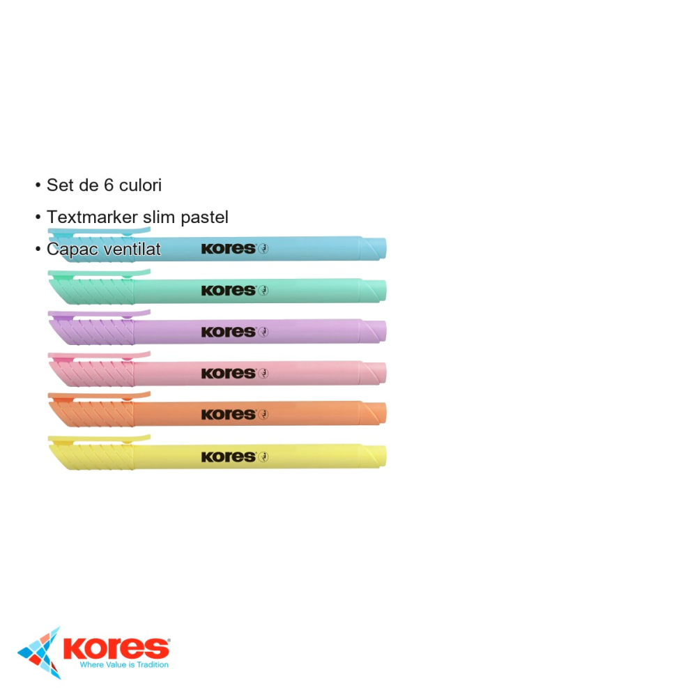 Set 6 textmarkere slim pastel Kores, varf tesit, culori delicate, pentru evidentiere documente si notite [3]