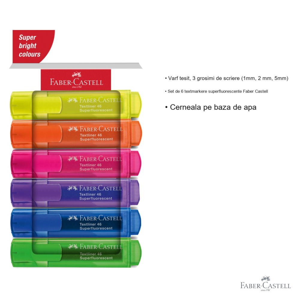 Set 6 textmarkere superfluorescente Faber-Castell, varf tesit, cerneala pe baza de apa, pentru evidentiat text [3]