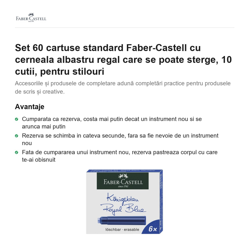 Set 60 cartuse standard Faber-Castell cu cerneala albastru regal care se poate sterge, 10 cutii, pentru stilouri [2]