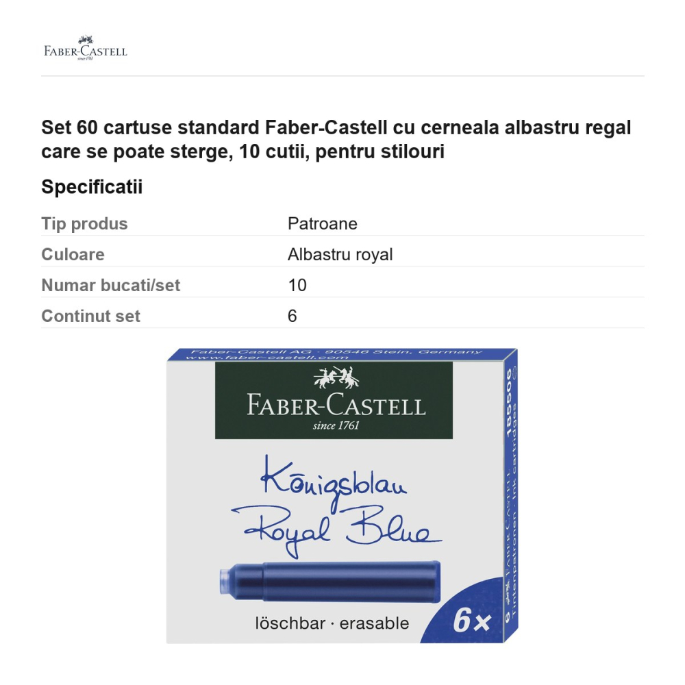 Set 60 cartuse standard Faber-Castell cu cerneala albastru regal care se poate sterge, 10 cutii, pentru stilouri [3]
