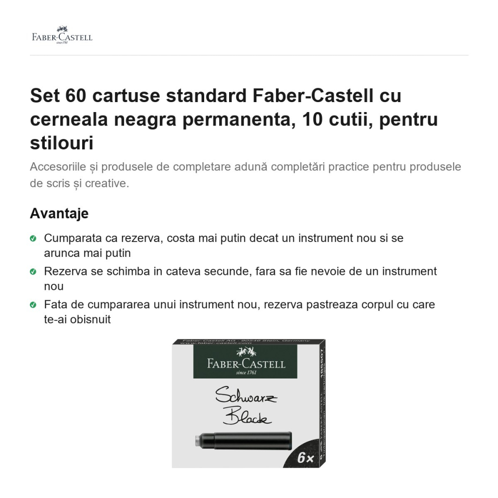 Set 60 cartuse standard Faber-Castell cu cerneala neagra permanenta, 10 cutii, pentru stilouri [2]