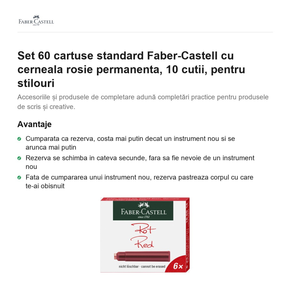 Set 60 cartuse standard Faber-Castell cu cerneala rosie permanenta, 10 cutii, pentru stilouri [2]
