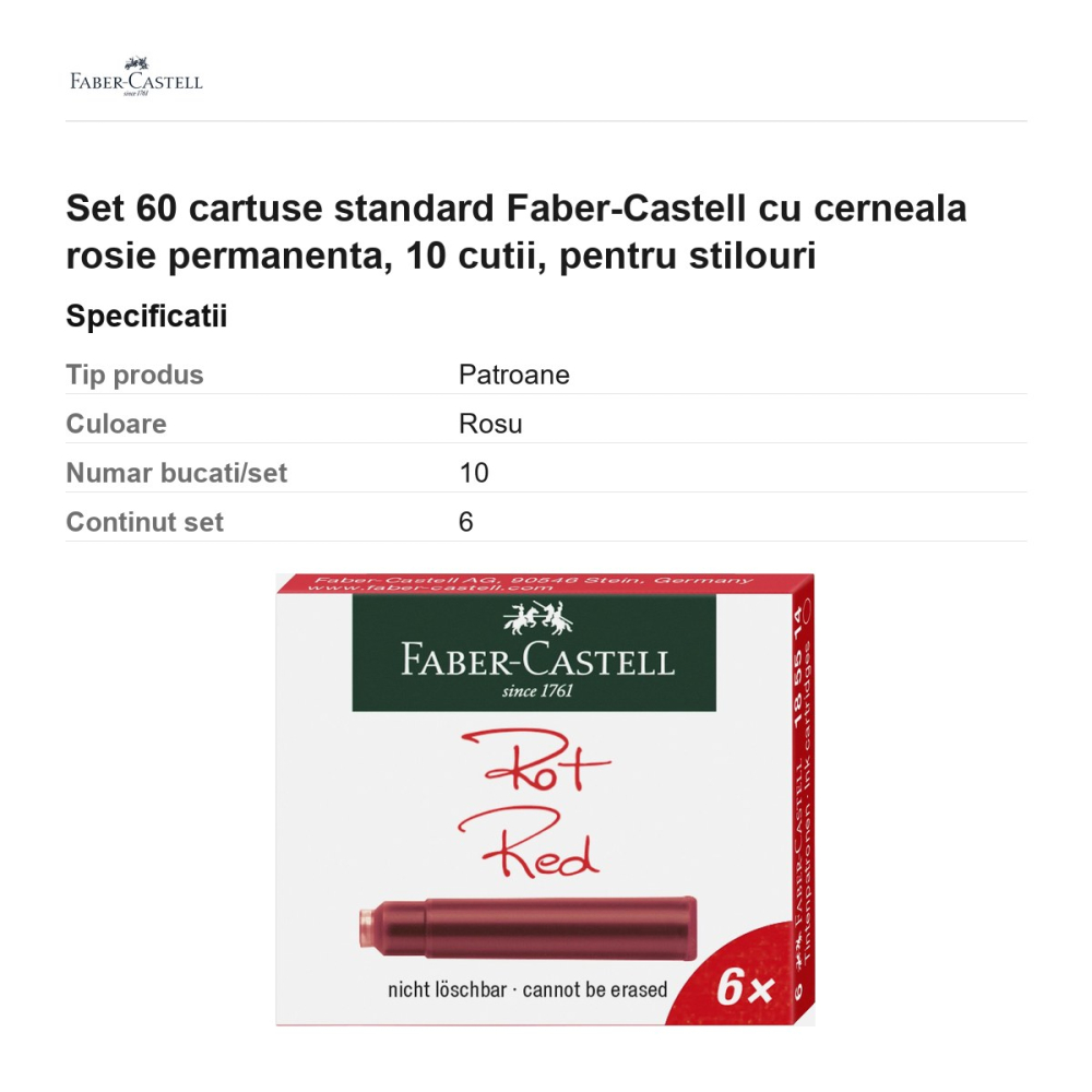 Set 60 cartuse standard Faber-Castell cu cerneala rosie permanenta, 10 cutii, pentru stilouri [3]