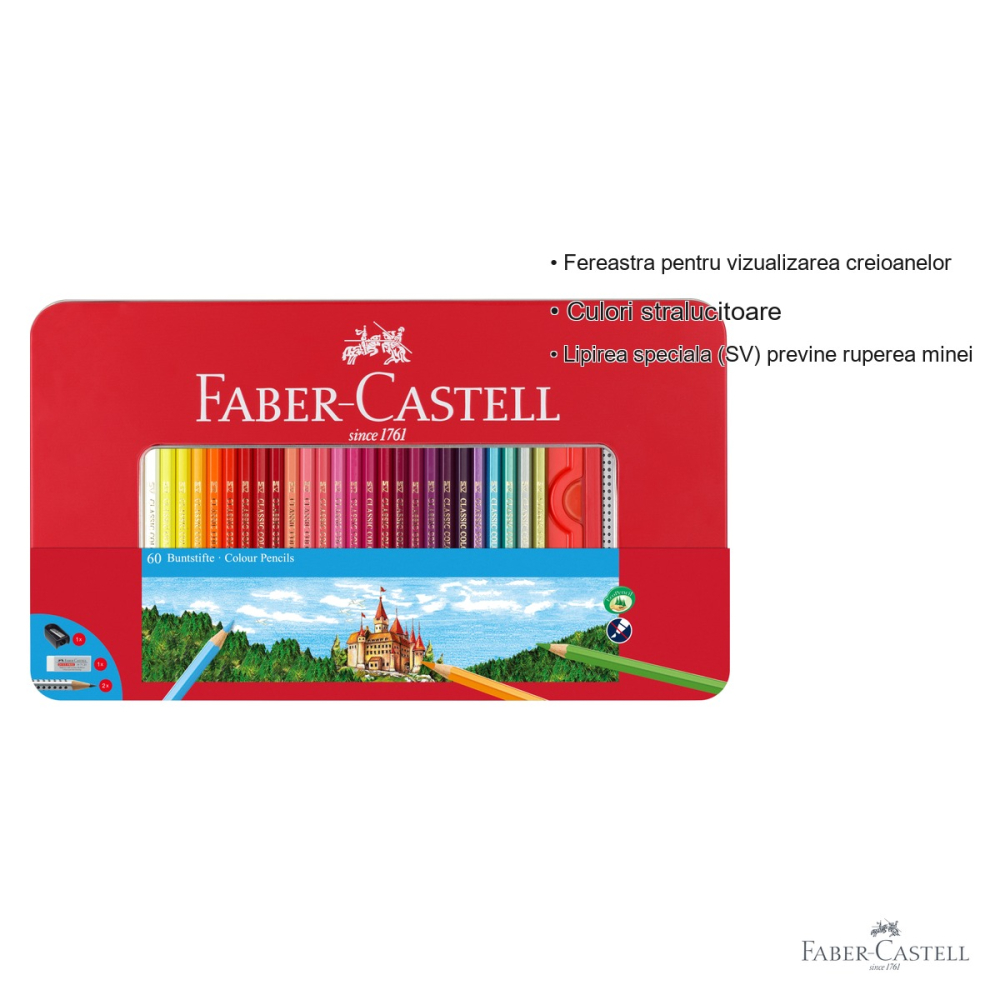 Set 60 creioane colorate Faber-Castell, cutie metal cu accesorii, pentru desen si arta [3]