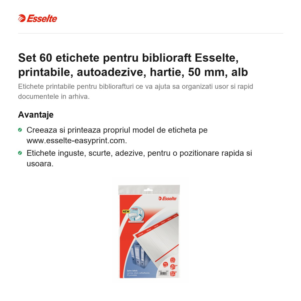 Set 60 etichete pentru biblioraft Esselte, printabile, autoadezive, hartie, 50 mm, alb [2]
