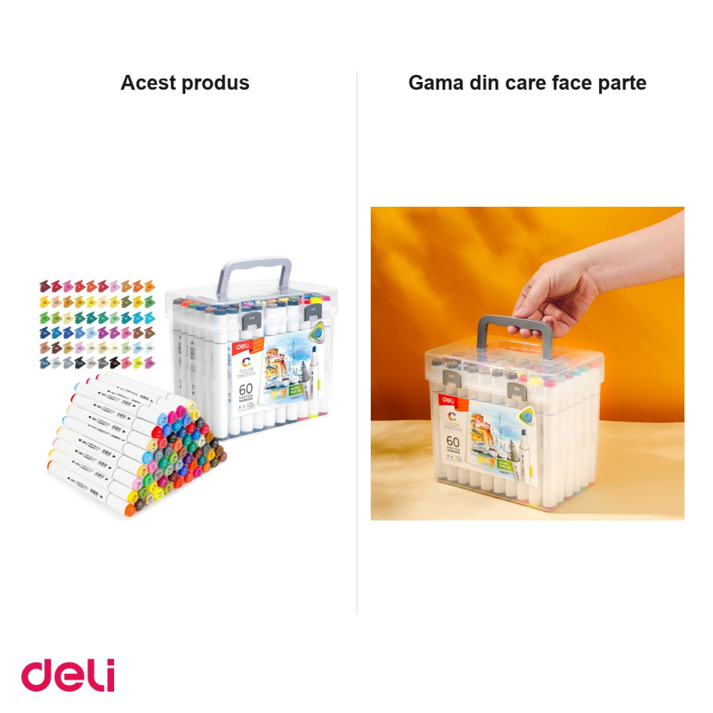 Set 60 markere pentru schite Deli Color Emotion, varf dublu rotund 1 mm si tesit 7 mm, in cutie de plastic [5]