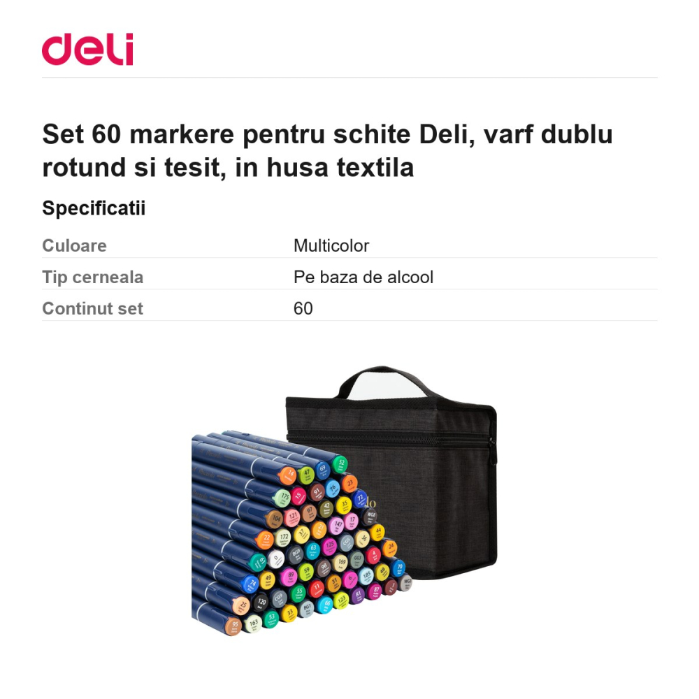 Set 60 markere pentru schite Deli, varf dublu rotund si tesit, in husa textila [3]