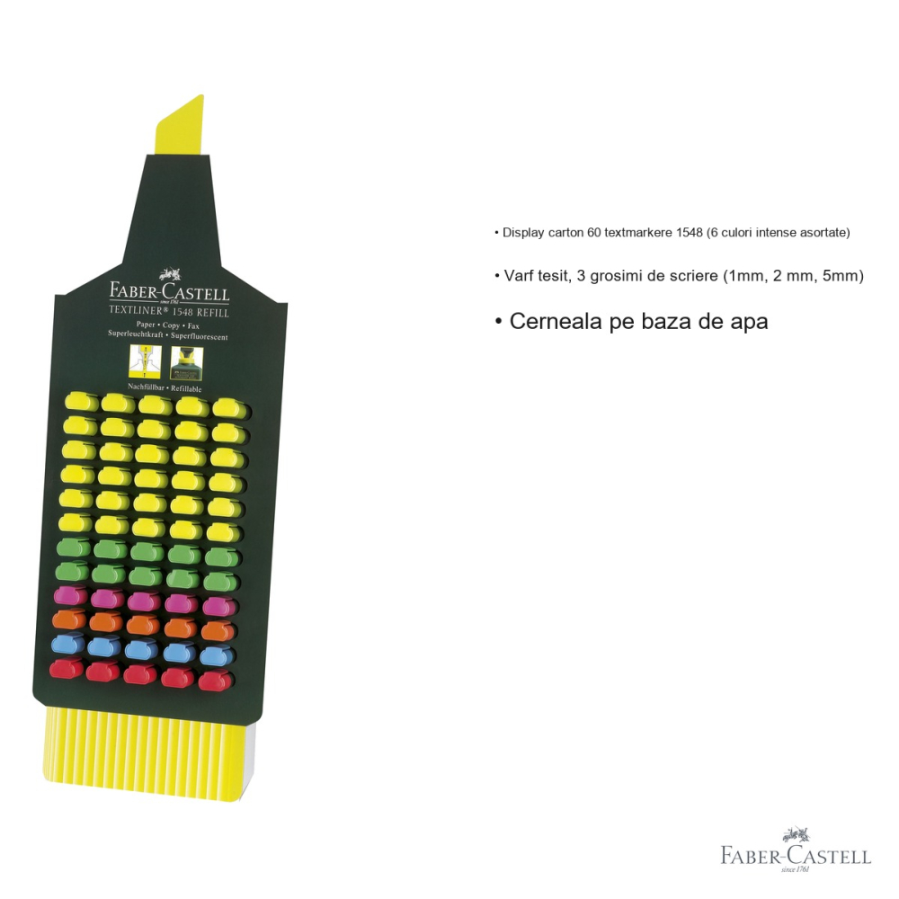 Set 60 textmarkere Faber-Castell 1548, varf tesit, 6 culori intense asortate, cerneala pe baza de apa, display carton [3]