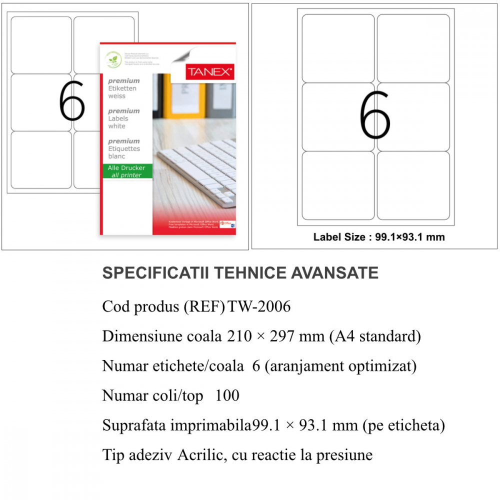 Set 600 etichete autoadezive 99.1 x 93.1 mm, albe, colturi rotunde, 100 coli format A4, Tanex TW-2006, sase etichete pe coala, pentru imprimante laser si inkjet [3]
