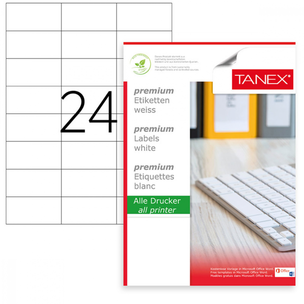 Set 600 etichete autoadezive A4, 25 coli, 24 etichete/coala, 70x37.12 mm, albe, colturi drepte, pentru imprimante laser si inkjet, Tanex [1]