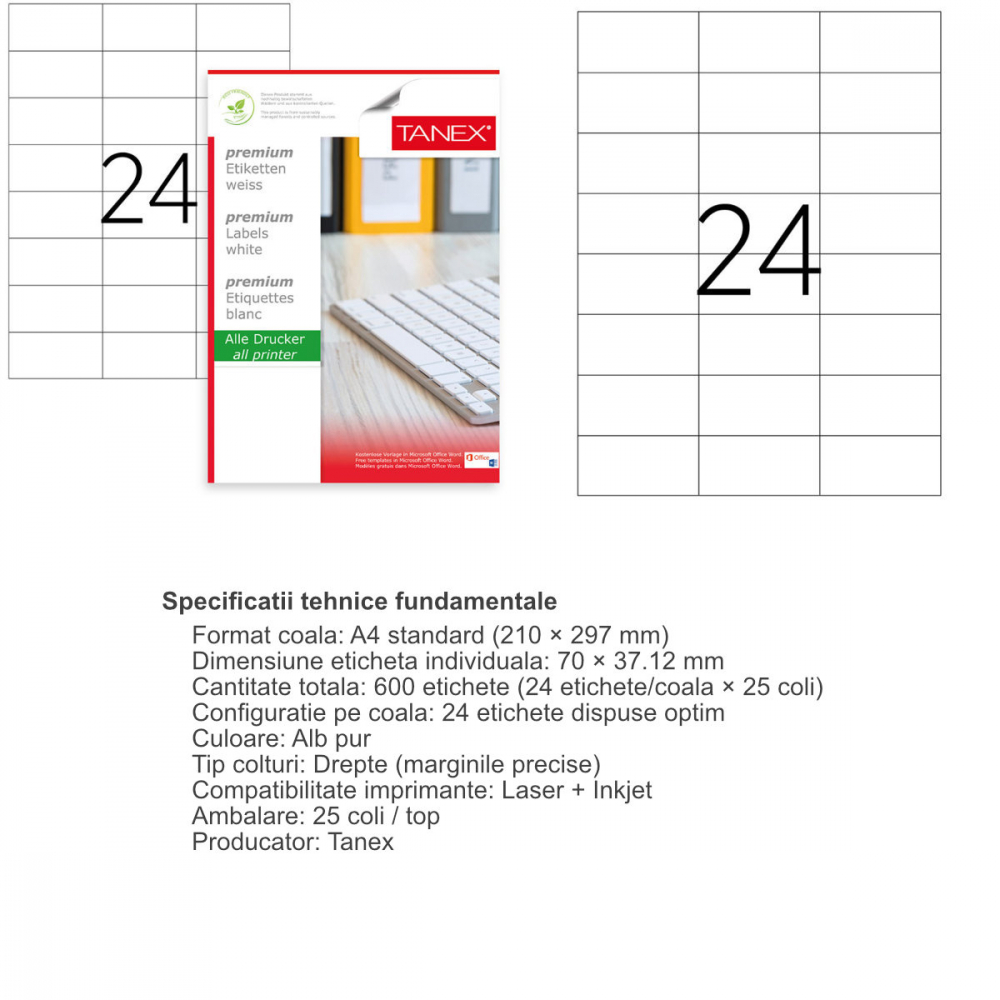 Set 600 etichete autoadezive A4, 25 coli, 24 etichete/coala, 70x37.12 mm, albe, colturi drepte, pentru imprimante laser si inkjet, Tanex [3]