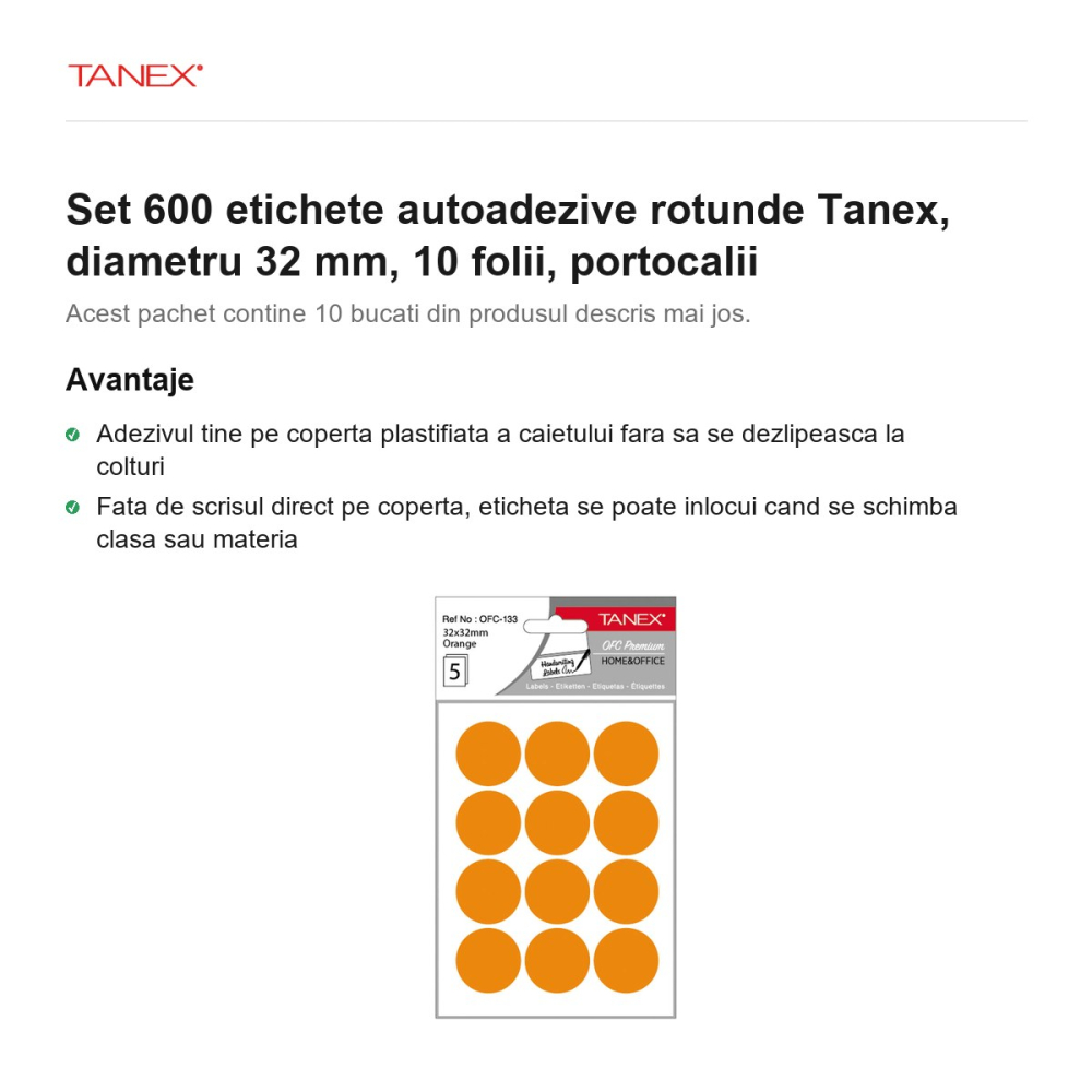 Set 600 etichete autoadezive rotunde Tanex, diametru 32 mm, 10 seturi, portocalii [2]