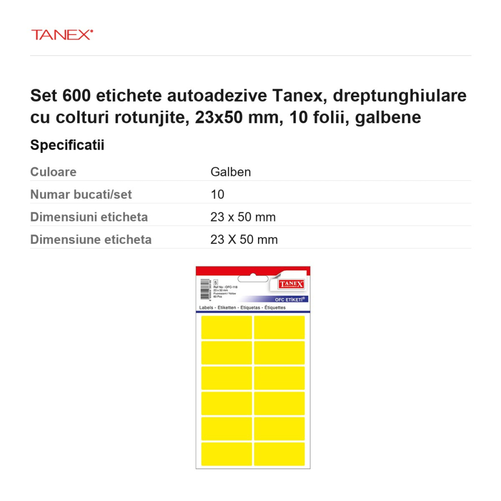 Set 600 etichete autoadezive Tanex, dreptunghiulare cu colturi rotunjite, 23x50 mm, 10 seturi, galbene [3]