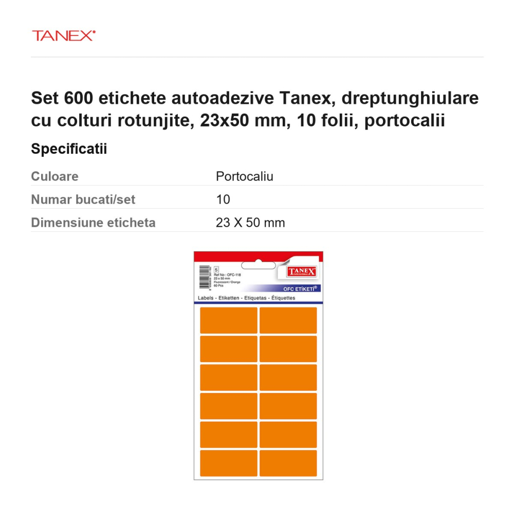 Set 600 etichete autoadezive Tanex, dreptunghiulare cu colturi rotunjite, 23x50 mm, 10 seturi, portocalii [3]