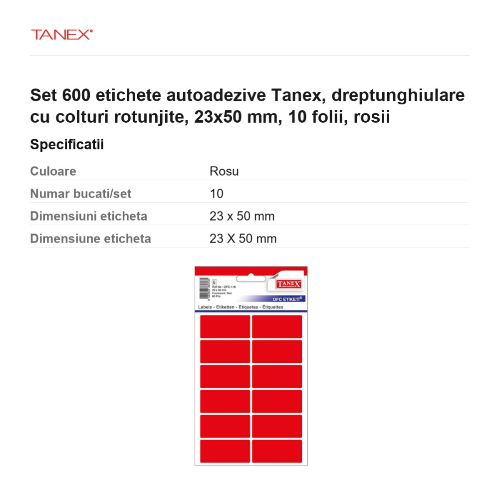Set 600 etichete autoadezive Tanex, dreptunghiulare cu colturi rotunjite, 23x50 mm, 10 seturi, rosii [3]