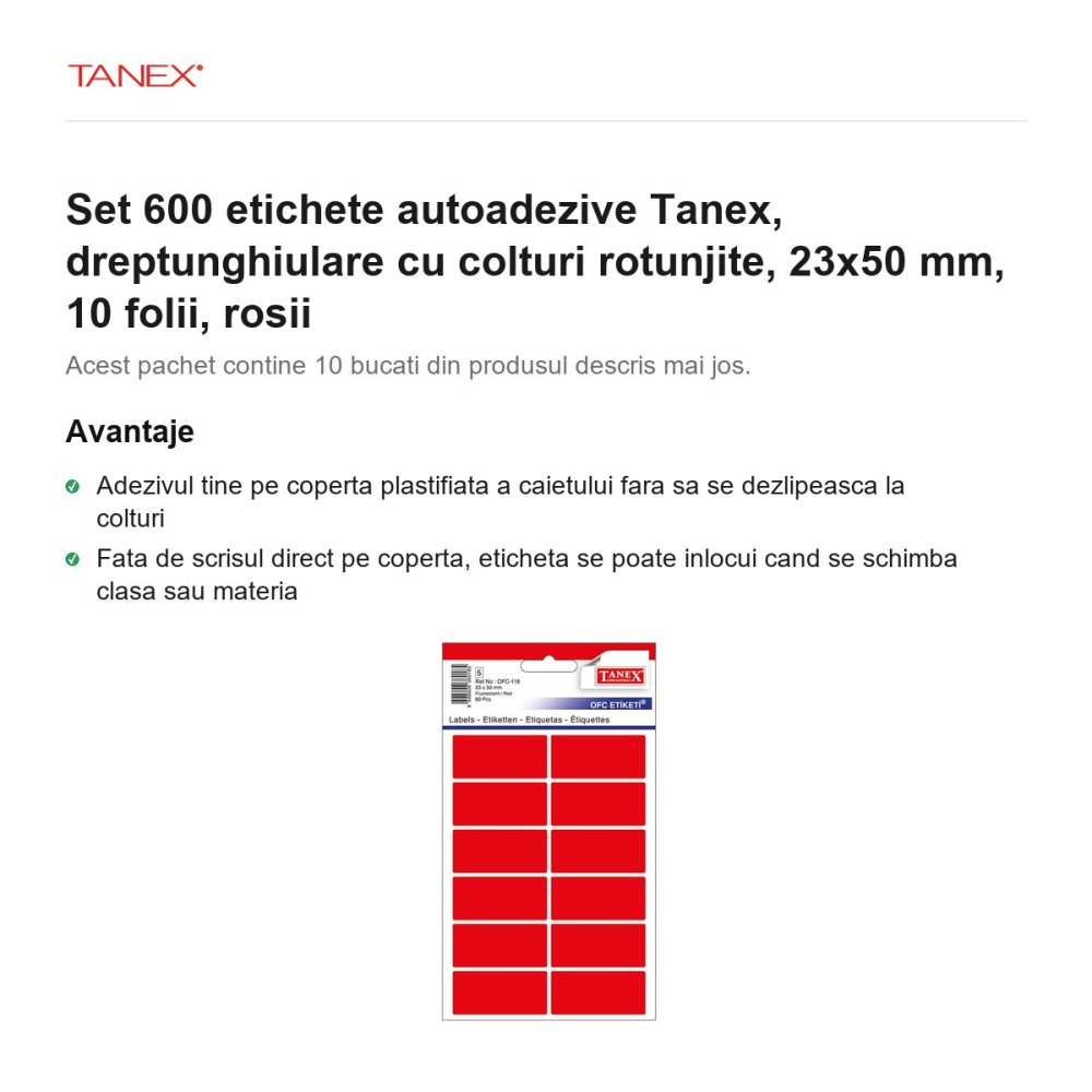 Set 600 etichete autoadezive Tanex, dreptunghiulare cu colturi rotunjite, 23x50 mm, 10 seturi, rosii [2]