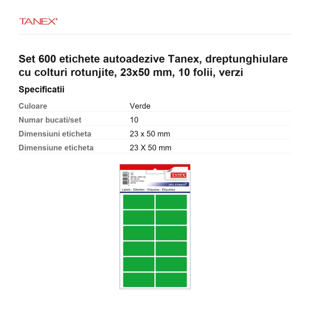 Set 600 etichete autoadezive Tanex, dreptunghiulare cu colturi rotunjite, 23x50 mm, 10 seturi, verzi [3]