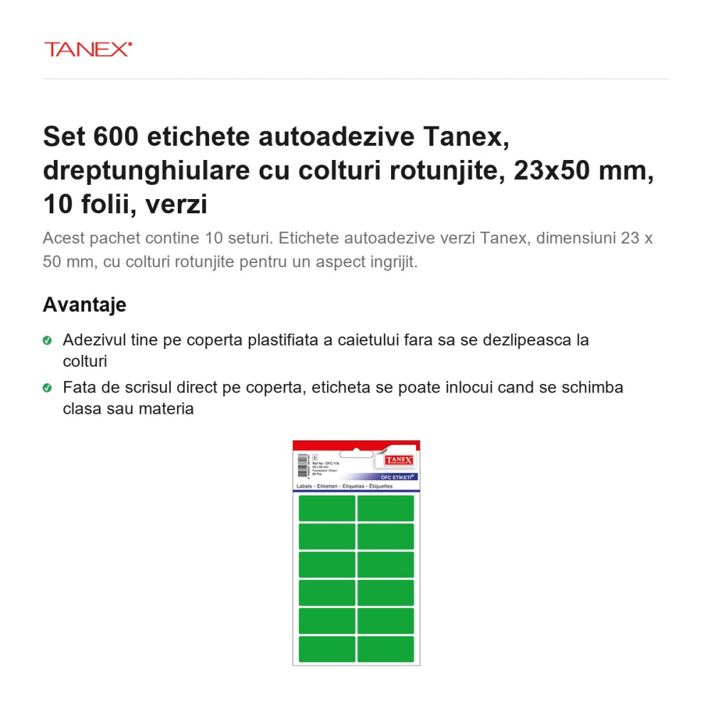 Set 600 etichete autoadezive Tanex, dreptunghiulare cu colturi rotunjite, 23x50 mm, 10 seturi, verzi [2]