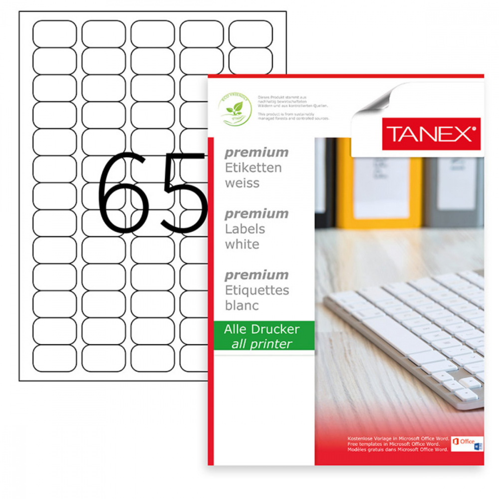 Set 6500 etichete autoadezive A4, 100 coli, 65 etichete/coala, 38.1x21.2 mm, albe, colturi rotunde, pentru imprimante laser si inkjet, Tanex TW-2065 [1]