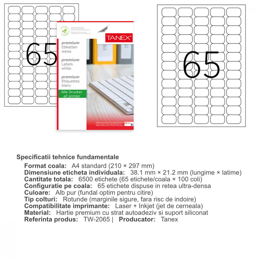 Set 6500 etichete autoadezive A4, 100 coli, 65 etichete/coala, 38.1x21.2 mm, albe, colturi rotunde, pentru imprimante laser si inkjet, Tanex TW-2065 [3]
