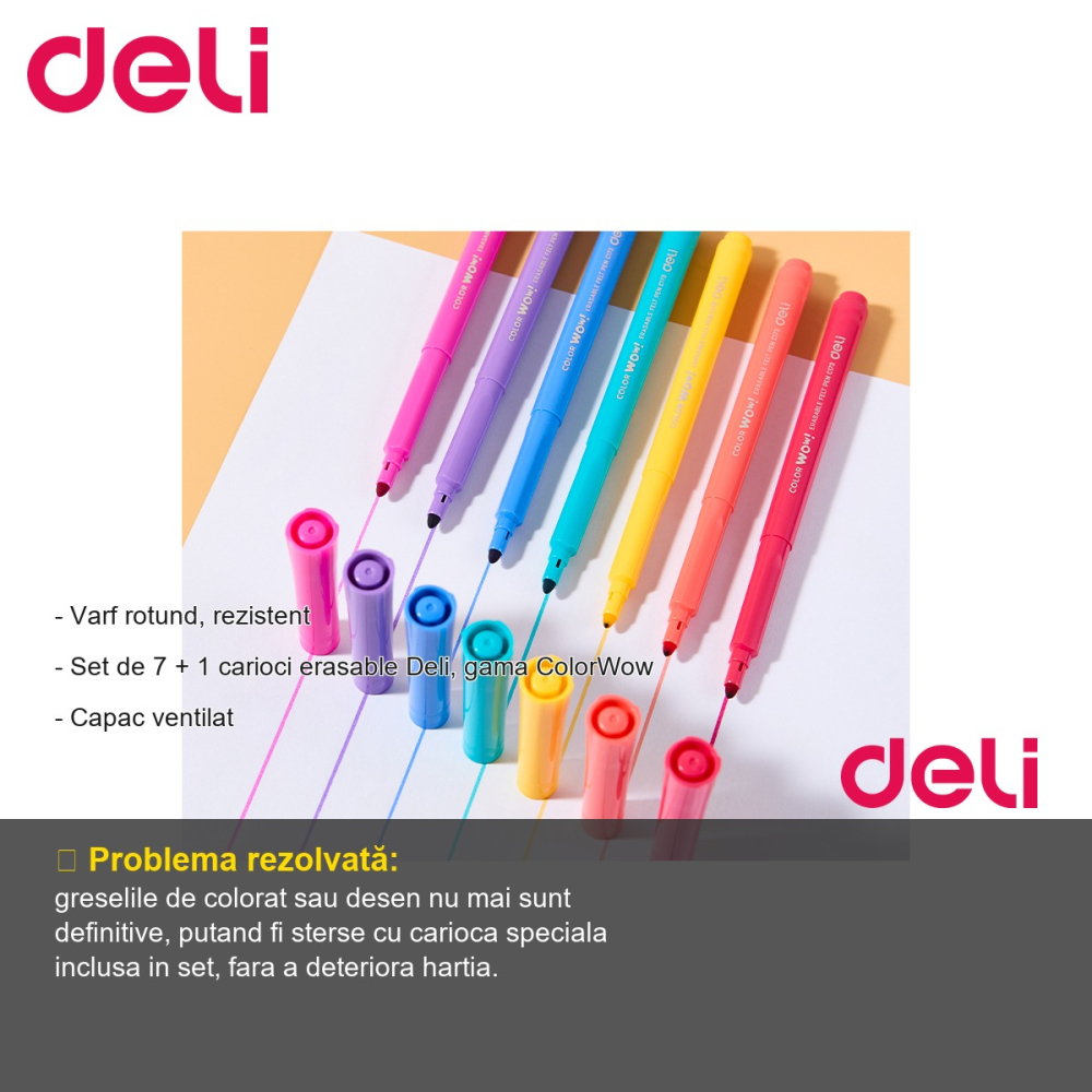 Set 7+1 carioci erasable Deli ColorWow, cu radiera magica, pentru copii si scoala [2]