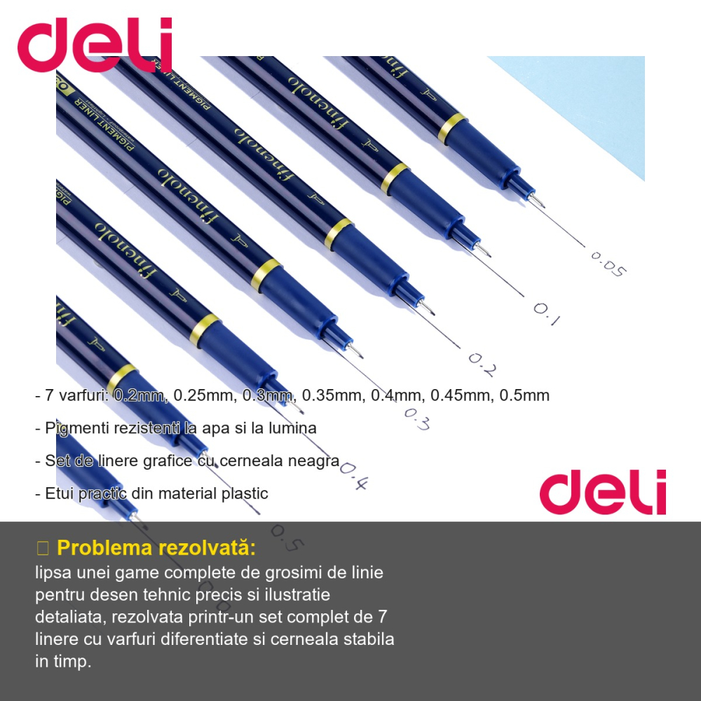 Set 7 linere grafice Deli, varfuri 0.2-0.5mm, cerneala neagra rezistenta la apa, pentru desen tehnic si ilustratie [2]