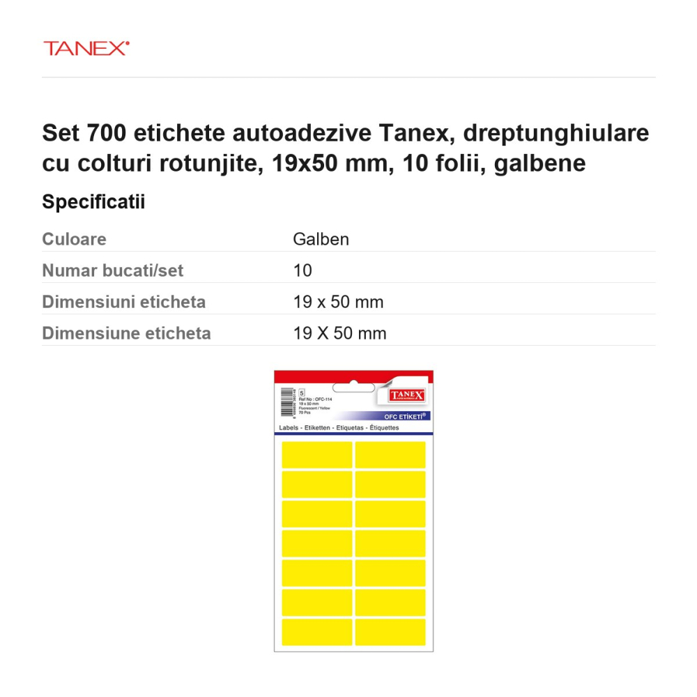 Set 700 etichete autoadezive Tanex, dreptunghiulare cu colturi rotunjite, 19x50 mm, 10 seturi, galbene [3]