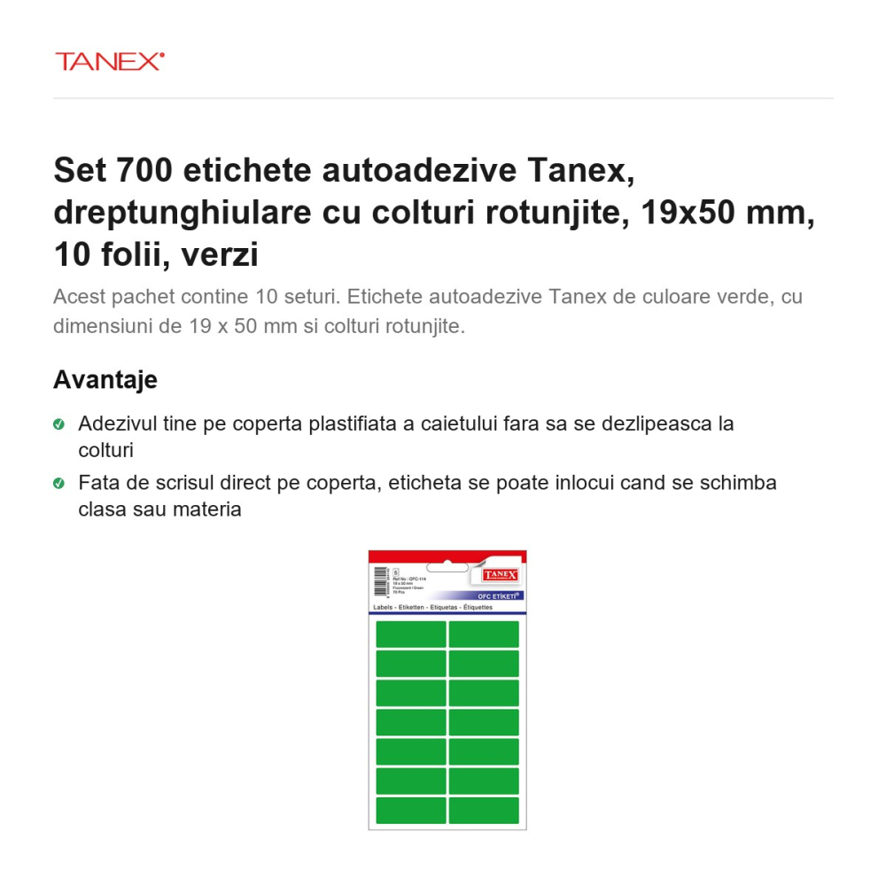 Set 700 etichete autoadezive Tanex, dreptunghiulare cu colturi rotunjite, 19x50 mm, 10 seturi, verzi [2]