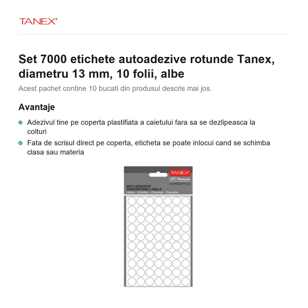 Set 7000 etichete autoadezive rotunde Tanex, diametru 13 mm, 10 seturi, albe [2]