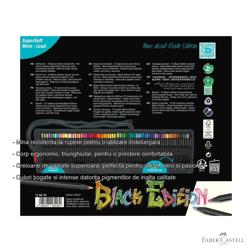 Set 72 creioane colorate Faber-Castell Black Edition, mina moale, ambalaj roll-up, pentru artisti si elevi [2]
