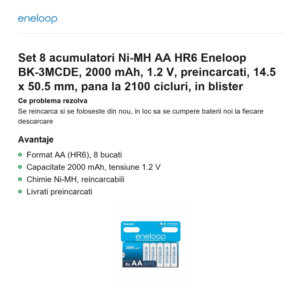 Set 8 acumulatori Ni-MH AA HR6 Eneloop BK-3MCDE, 2000 mAh, 1.2 V, preincarcati, 14.5 x 50.5 mm, pana la 2100 cicluri, in blister [2]