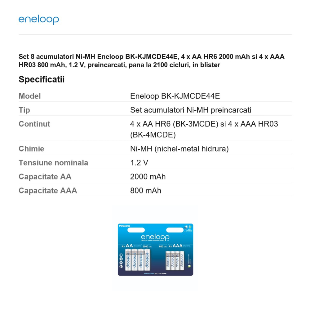 Set 8 acumulatori Ni-MH Eneloop BK-KJMCDE44E, 4 x AA HR6 2000 mAh si 4 x AAA HR03 800 mAh, 1.2 V, preincarcati, pana la 2100 cicluri, in blister [3]