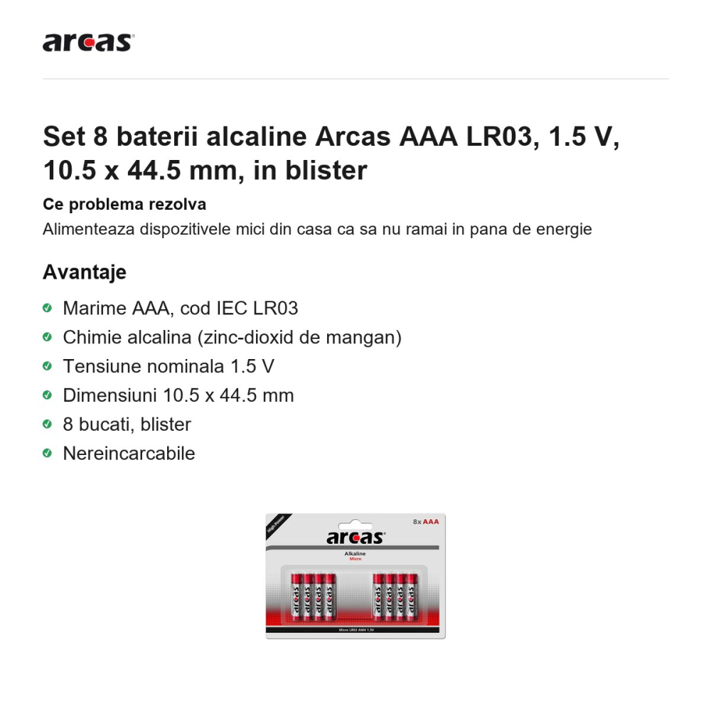 Set 8 baterii alcaline Arcas AAA LR03, 1.5 V, 10.5 x 44.5 mm, in blister [2]