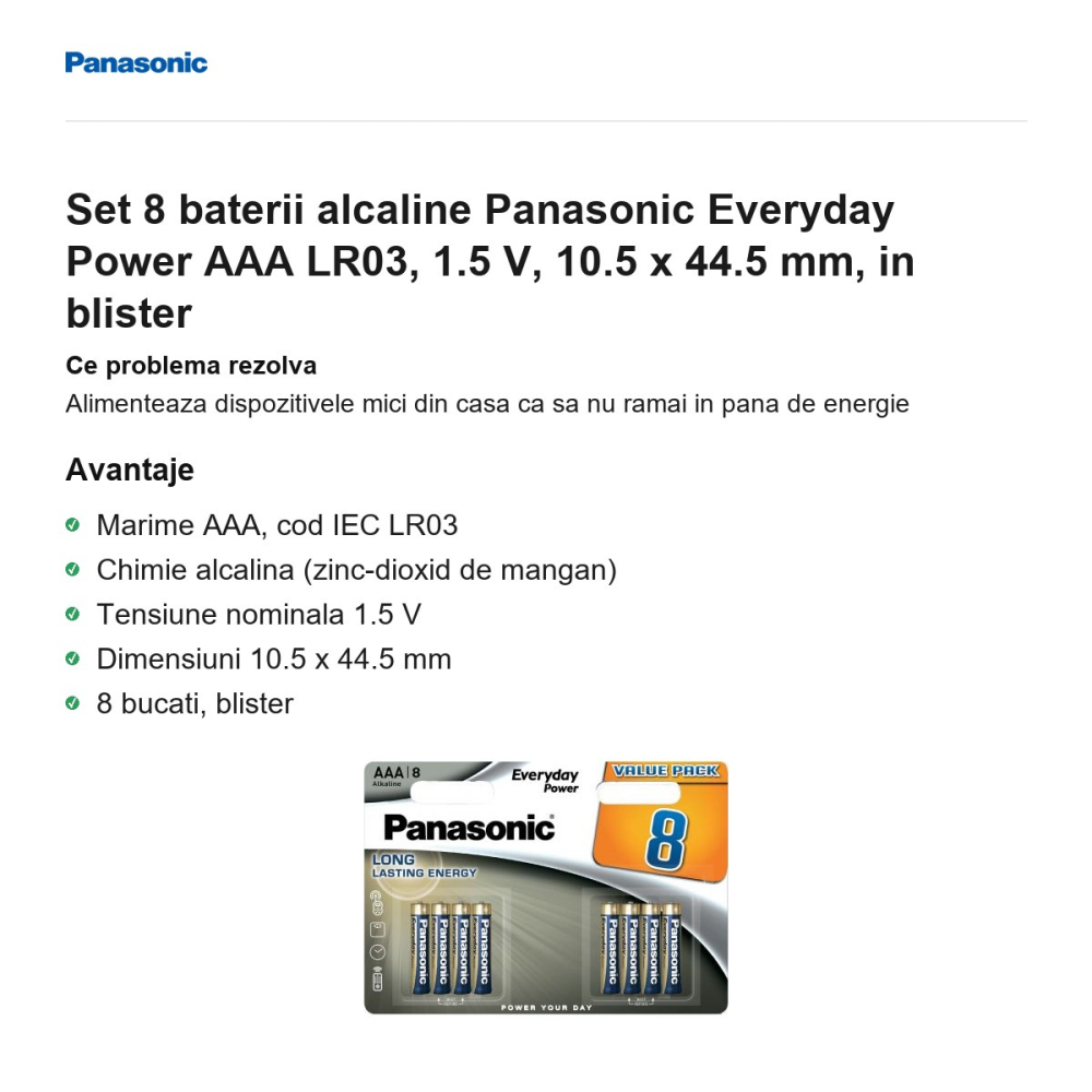 Set 8 baterii alcaline Panasonic Everyday Power AAA LR03, 1.5 V, 10.5 x 44.5 mm, in blister [2]
