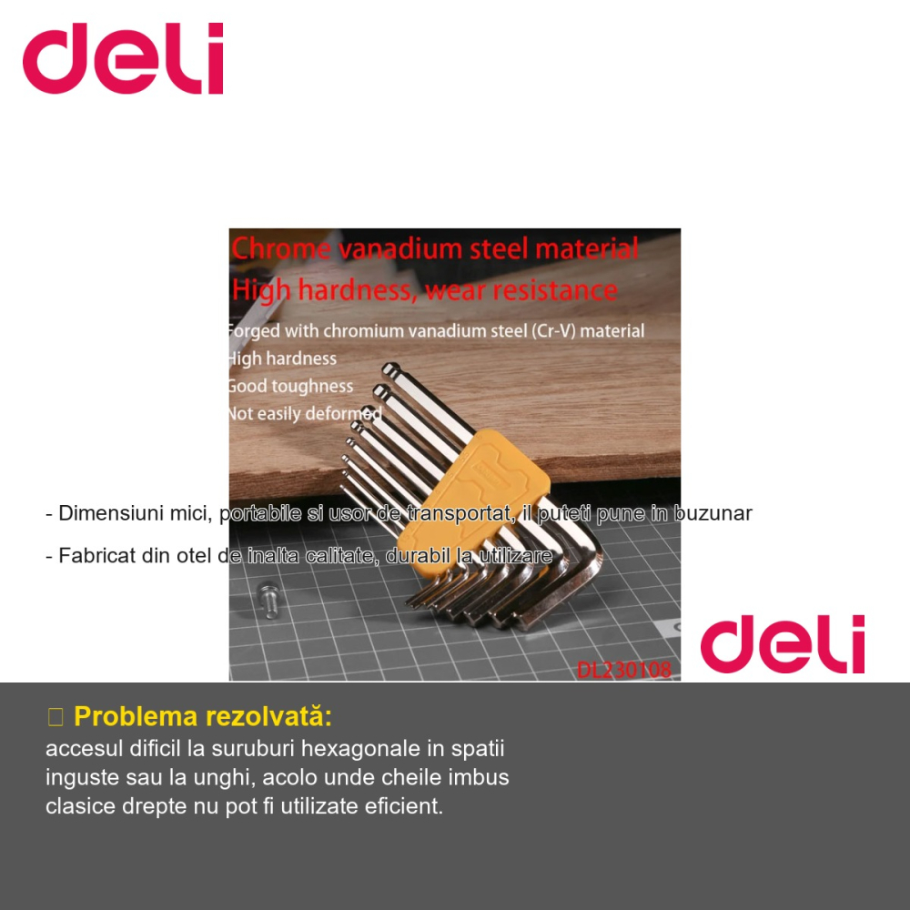 Set 8 chei imbus cap sferic Deli, otel inalta calitate, portabil, pentru suruburi metrice [2]