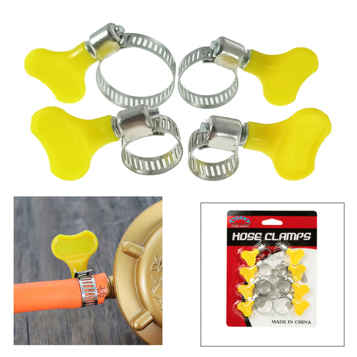 Set 8 cleme fixare metalice cu maner, 4 marimi, pentru tevi si furtun, reglabile, galbene [3]