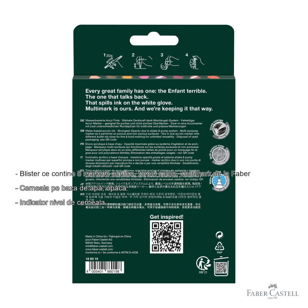 Set 8 markere acrilice Faber-Castell Multimark, tonuri calde, varf dublu, pentru arte si mestesuguri [2]