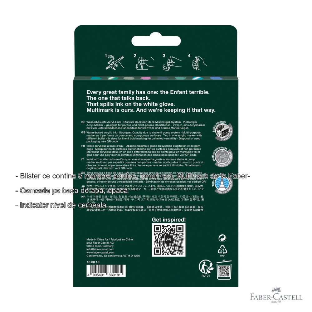 Set 8 markere acrilice Faber-Castell Multimark, tonuri reci, varf dublu, pentru suprafete multiple [2]