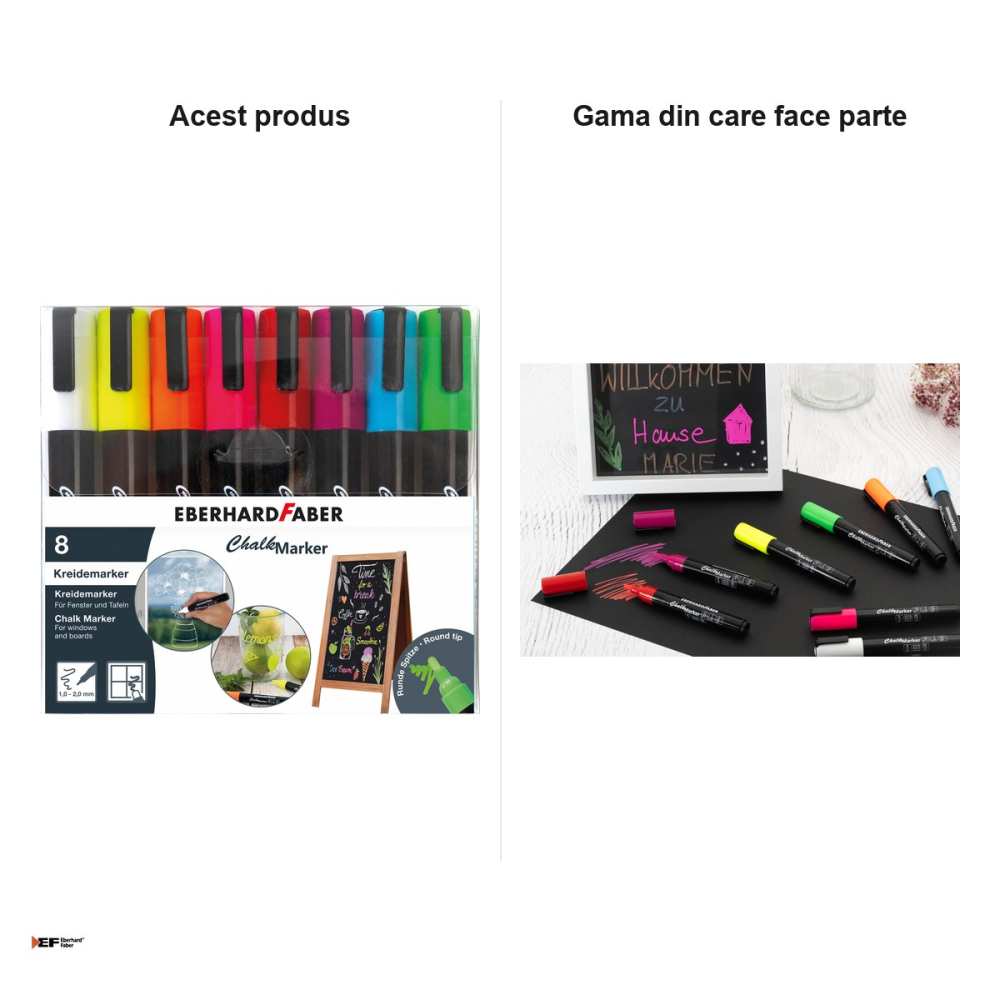 Set 8 markere cu creta lichida Eberhard Faber, varf rotund, linie 1-2 mm, culori asortate [5]