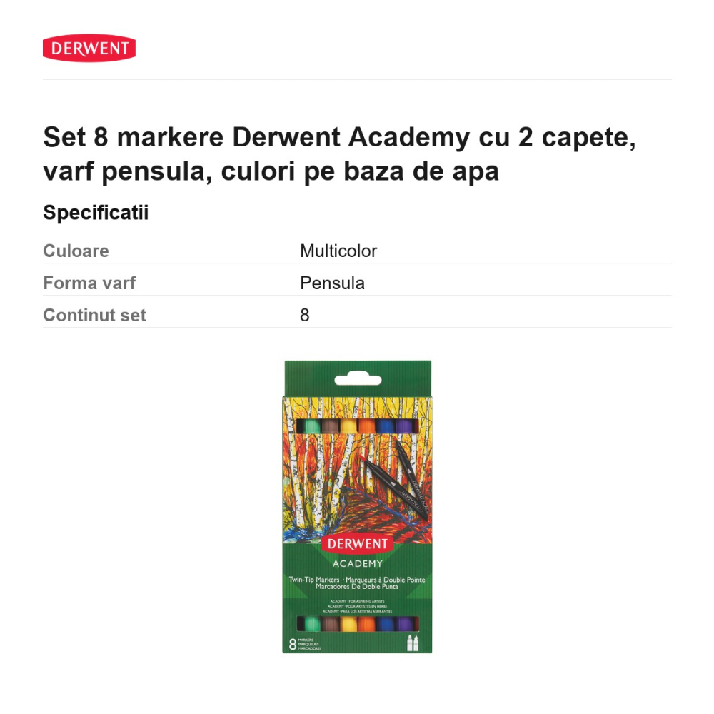 Set 8 markere Derwent Academy cu 2 capete, varf pensula, culori pe baza de apa [3]
