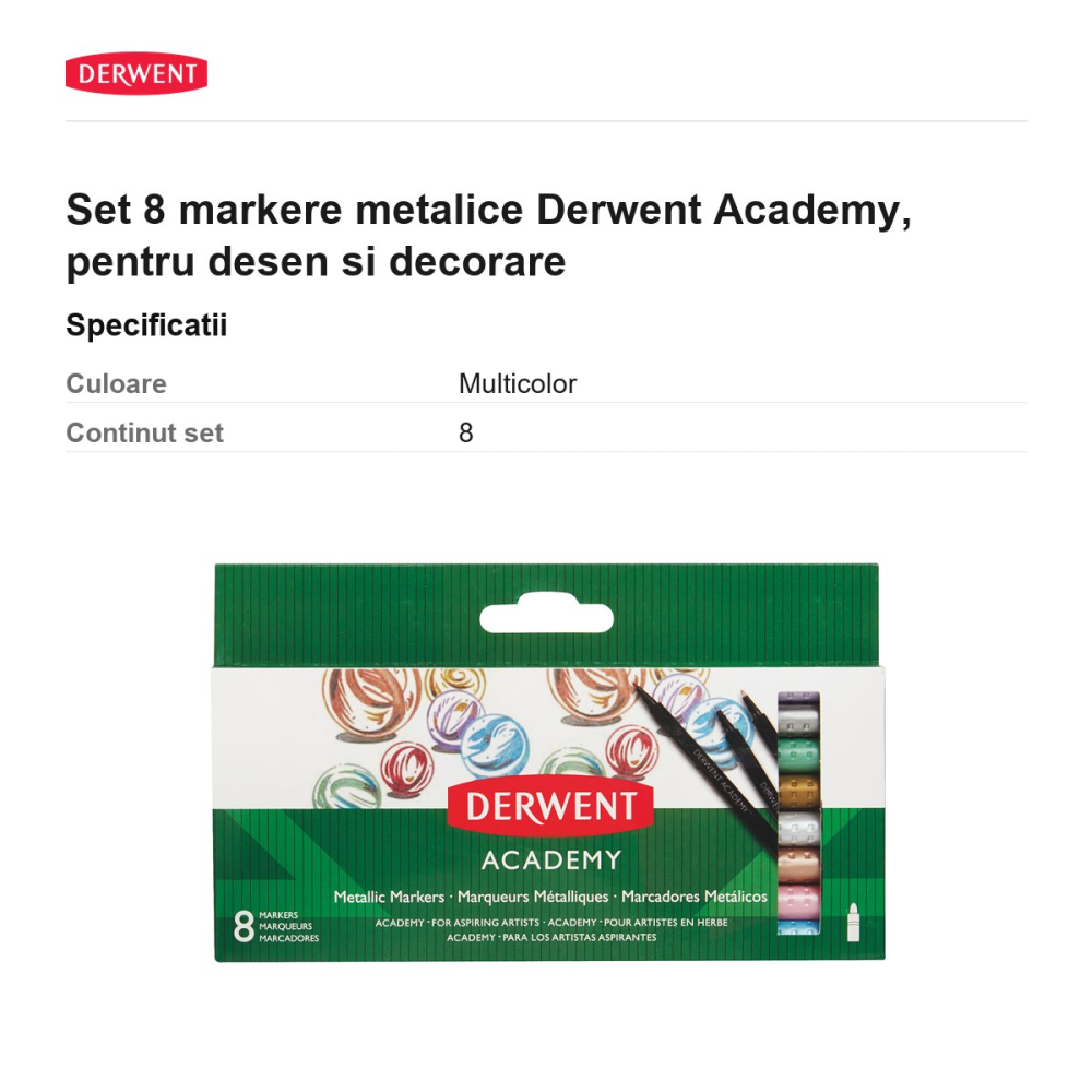 Set 8 markere metalice Derwent Academy, pentru desen si decorare [3]