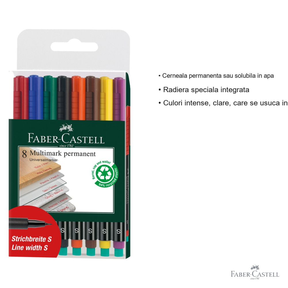 Set 8 markere permanente Faber-Castell Multimark, varf super fin S 0.4 mm, pentru CD, sticla, metal si plastic [3]