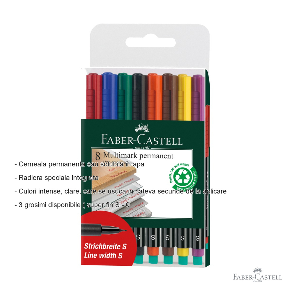 Set 8 markere permanente Faber-Castell Multimark, varf super fin S 0.4 mm, pentru CD, sticla, metal si plastic [2]