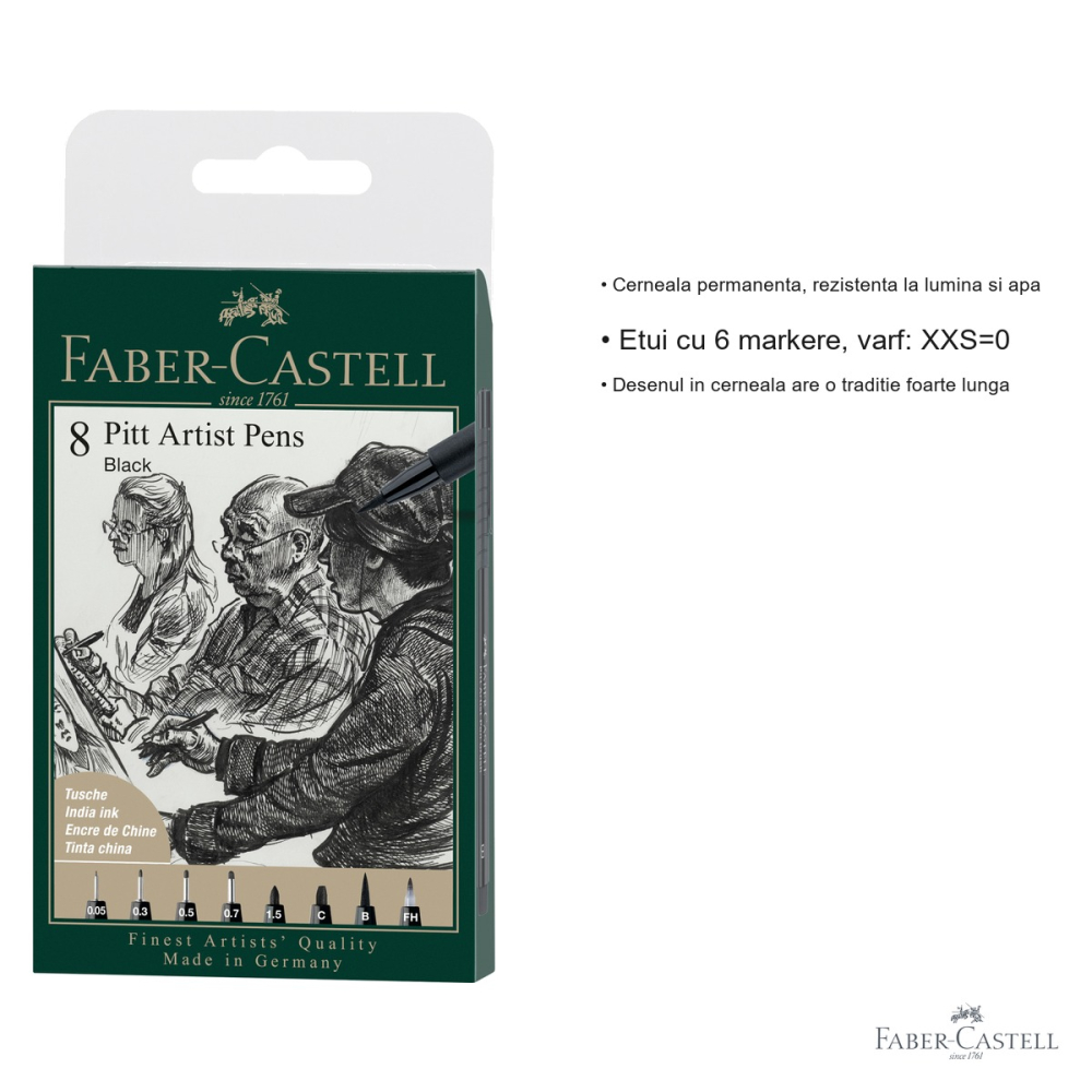 Set 8 markere Pitt Artist Pen Faber-Castell, cerneala permanenta rezistenta la apa, pentru desen si ilustratie [3]