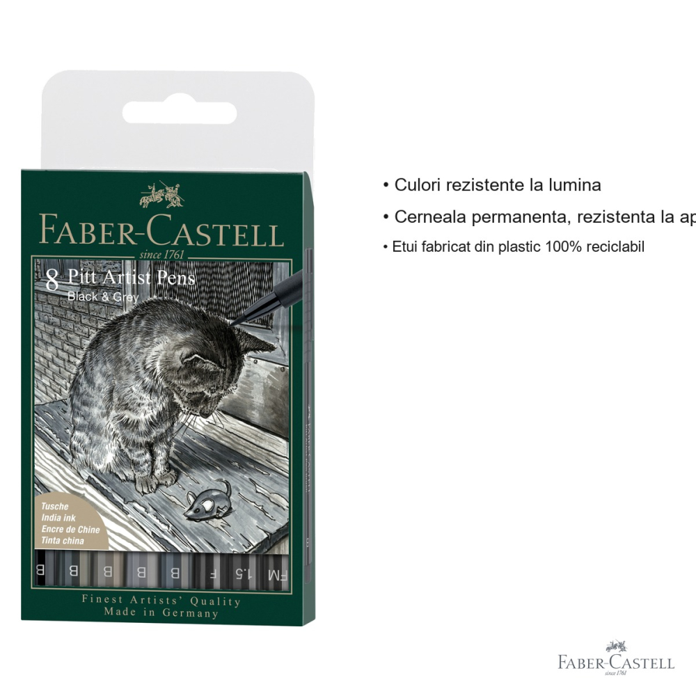 Set 8 markere Pitt Artist Pen Faber-Castell, negru si gri, varf pensula flexibila, pentru schite si ilustratii [3]