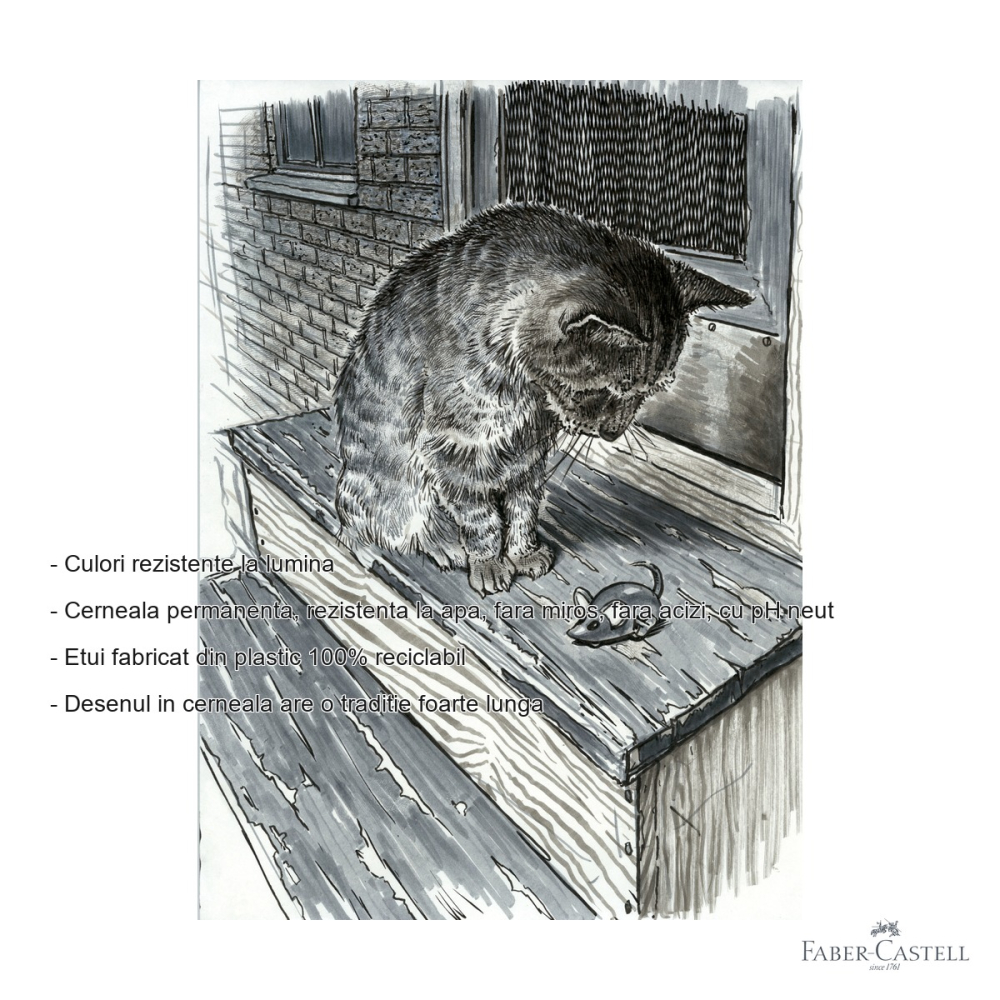 Set 8 markere Pitt Artist Pen Faber-Castell, negru si gri, varf pensula flexibila, pentru schite si ilustratii [2]