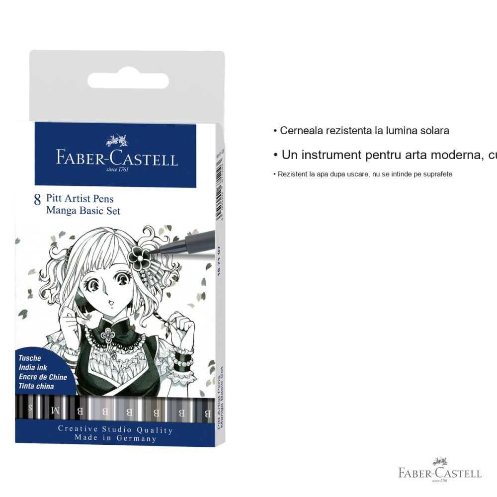 Set 8 markere Pitt Artist Pen Manga Faber-Castell, nuante gri si negru, varf pensula, pentru desen manga si schite [3]