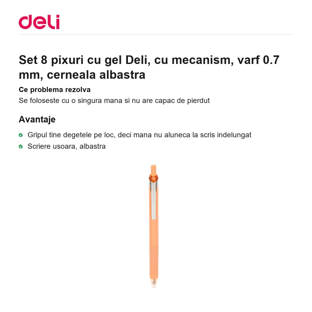 Set 8 pixuri cu gel Deli, cu mecanism, varf 0.7 mm, cerneala albastra [2]